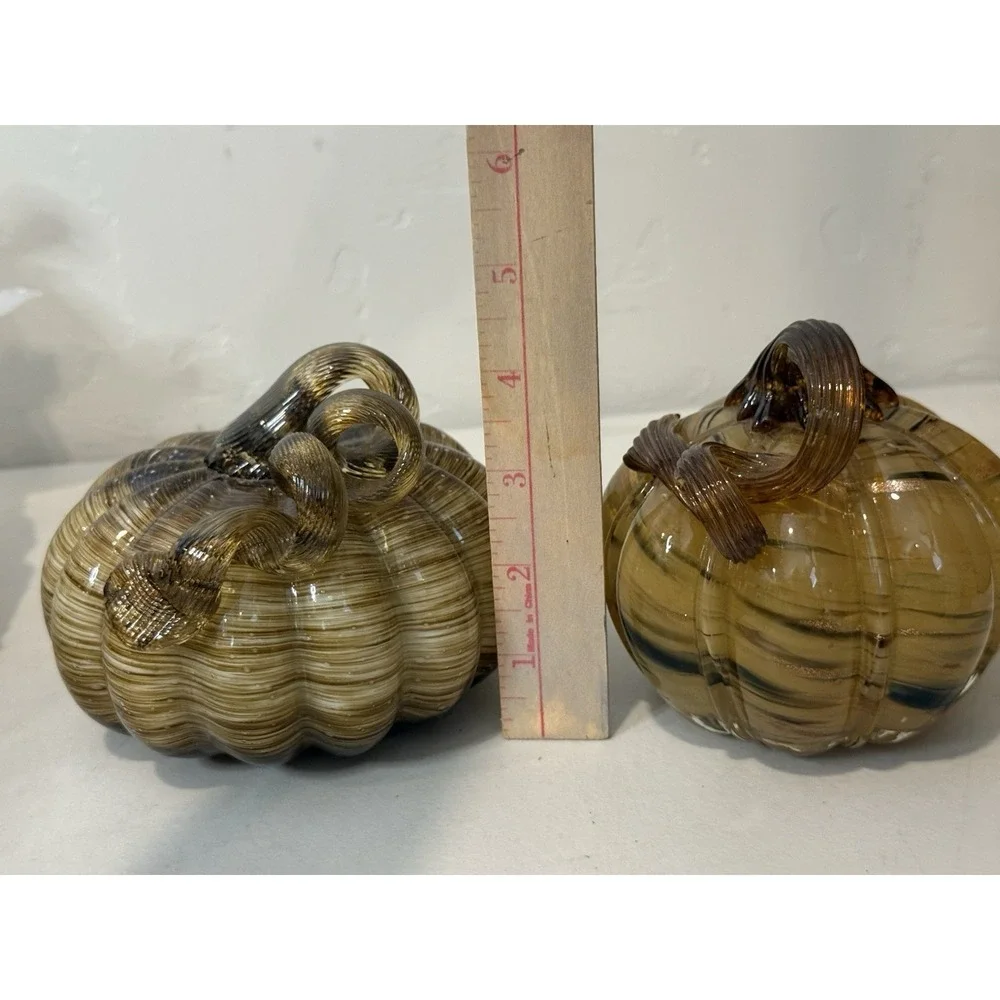 Lot of 2‎ Hand Blown Glass Pumpkins Amber Brown Swirl Fall Harvest Thanksgiving